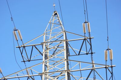 Low angle view of electricity pylon against clear sky