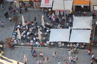 High angle view of people in city