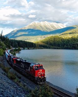 View of nautical vessel on mountain against sky