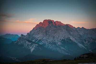 Scenic view of mountains against sky during sunset