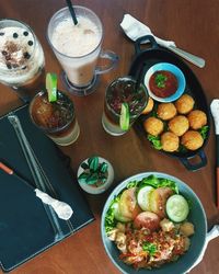 High angle view of meal served on table