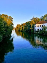 Scenic view of lake by trees against clear blue sky