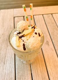 High angle view of ice cream on table