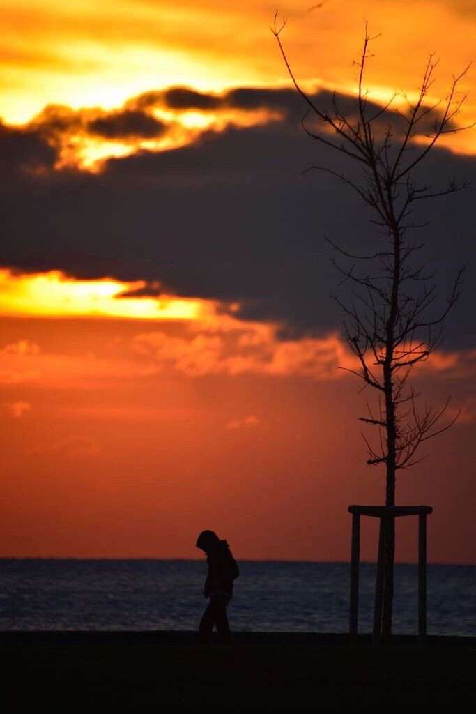 sunset, silhouette, orange color, sea, sky, cloud - sky, beauty in nature, nature, one person, horizon over water, outdoors, standing, romantic sky, only men, one man only, adults only, water, beach, people, adult