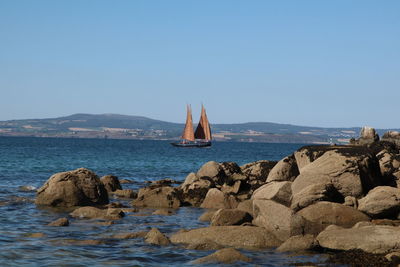 Scenic view of sea against clear blue sky