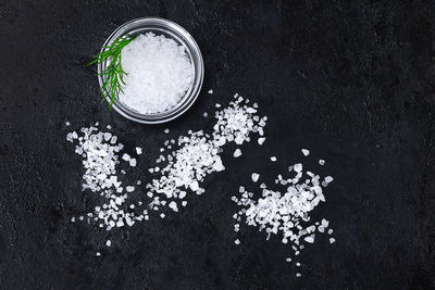 High angle view of food on table against black background