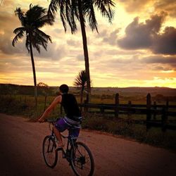 Rear view of man riding bicycle on road against cloudy sky