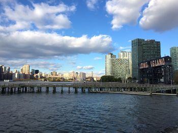 View of river and buildings against sky