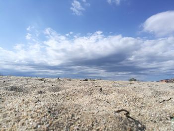 Surface level of barren land against sky