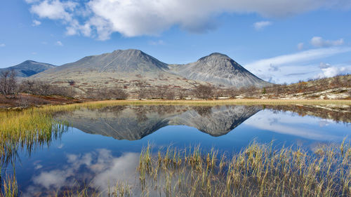 Scenic view of lake and mountains against sky