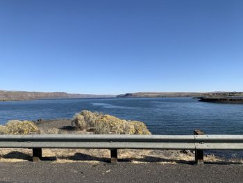 Scenic view of sea against clear blue sky