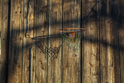 Close-up of basketball hoop against wall