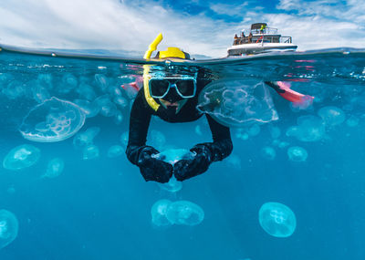 A woman in a black wetsuit is in the water with jellyfish. the jellyfish are floating around her