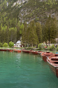 View of boats moored in water
