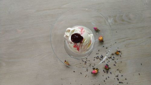 High angle view of dessert on table