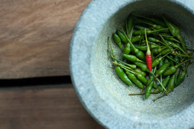 High angle view of chili peppers in bowl on table