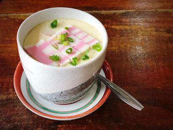 Close-up of soup in bowl on table