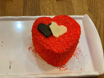 Close-up of heart shape cake on plate