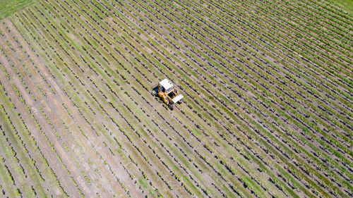 Aerial view of agricultural machinery working on farm