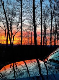 Bare trees against sky at sunset