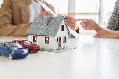 High angle view of toy car on table in house