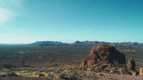 Scenic view of rocky mountains against clear sky