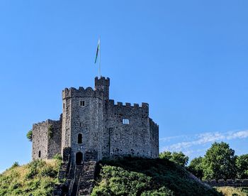 Cardiff castle under a brilliant blue sky