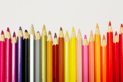 Close-up of colored pencils against white background