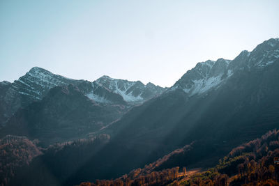 Scenic view of snowcapped mountains against clear sky