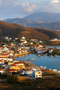 Morning view of psara village and its harbour.