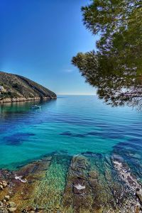 Scenic view of sea against clear blue sky