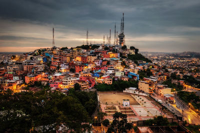 High angle view of townscape against sky at sunset