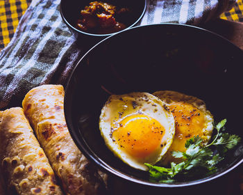 High angle view of breakfast served in plate