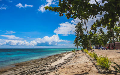 Scenic view of beach against blue sky