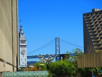 View of cityscape against clear blue sky