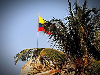 Low angle view of flags against clear sky