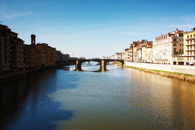 Bridge over river against buildings in city