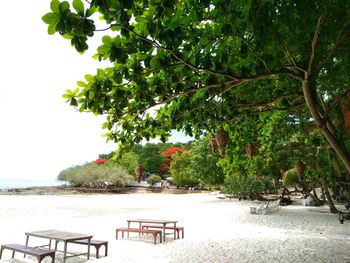 Empty chairs and table by sea against sky