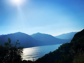 Scenic view of lake and mountains against blue sky