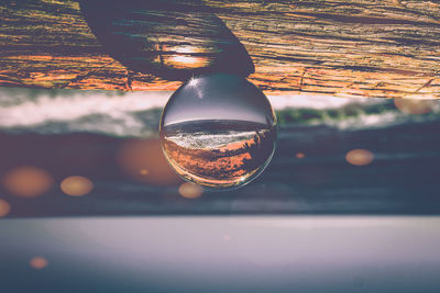 Close-up of reflection in water against sky