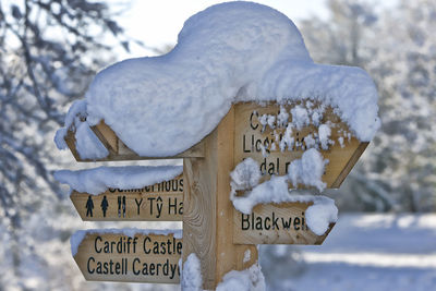 Snow covered information sign