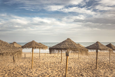 Straw umbrellas on a sandy beach. relaxing day on a exotic beach in summer