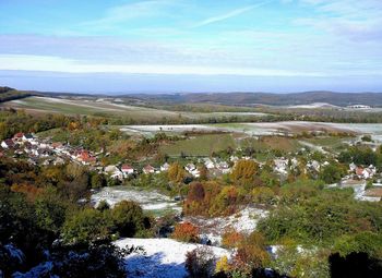 High angle view of trees on landscape against sky