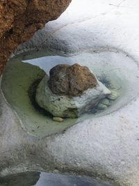 High angle view of rocks on snow