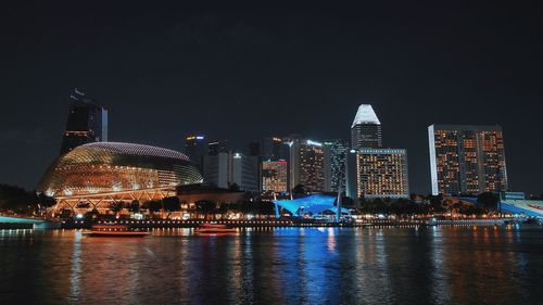 Illuminated city buildings at night