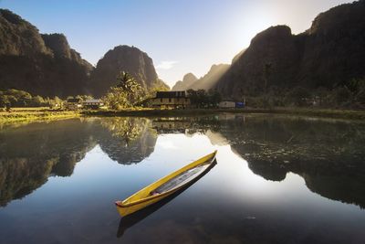 Scenic view of lake and mountains against clear sky