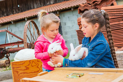 Girls playing with rabbits