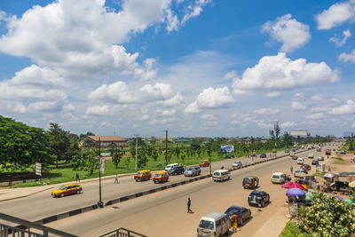 High angle view of cars on street in city