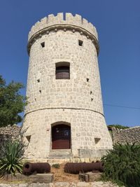 Low angle view of clock tower against clear sky