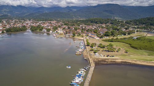 High angle view of river amidst mountains